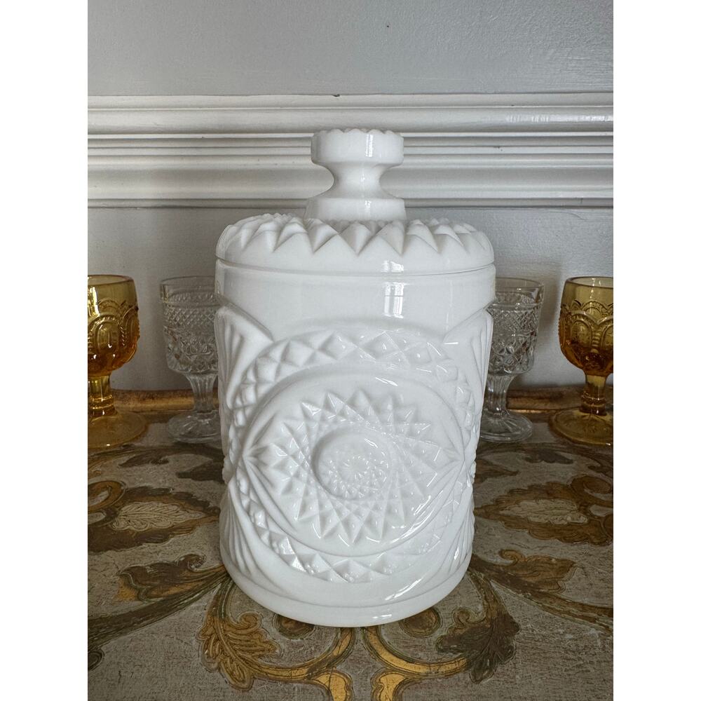 Vintage White Milk Glass Covered Apothecary Jar Canister Starburst Geometric